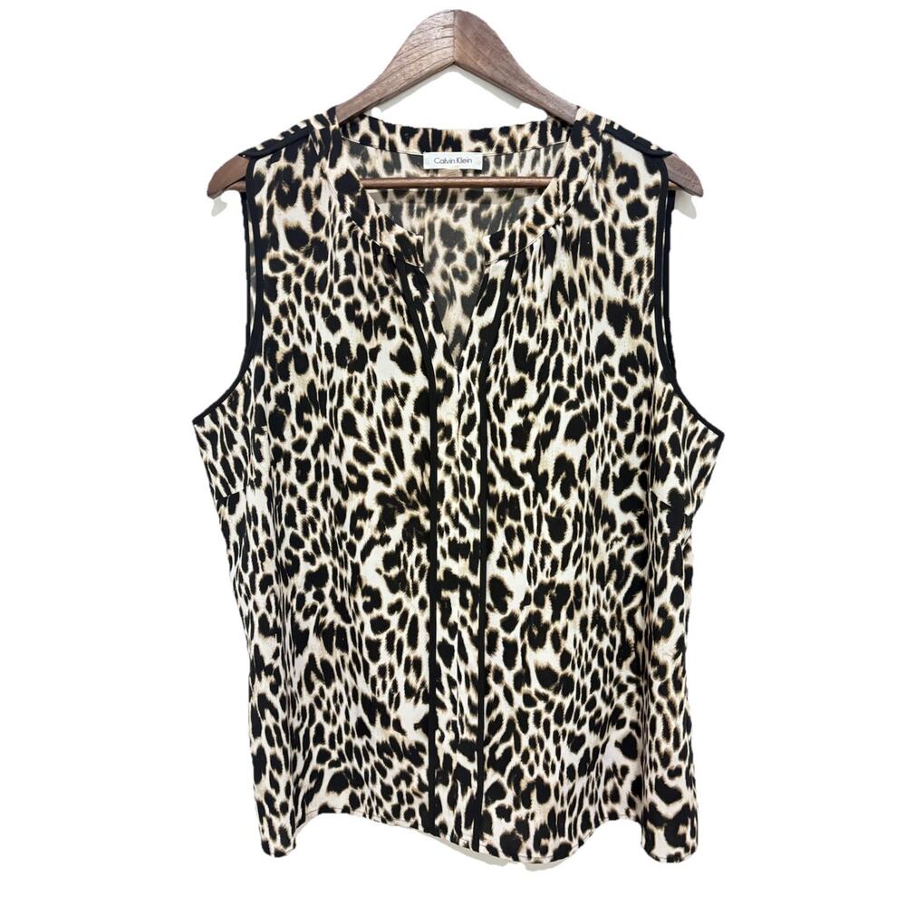 Calvin Klein 1X Leopard Print Sleeveless Blouse Career Stretch Top
